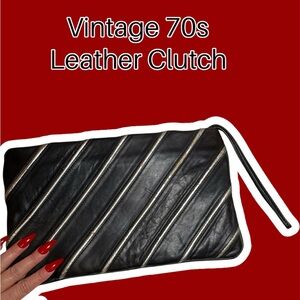 Vintage 70s Leather Clutch Purse - Black & Silver